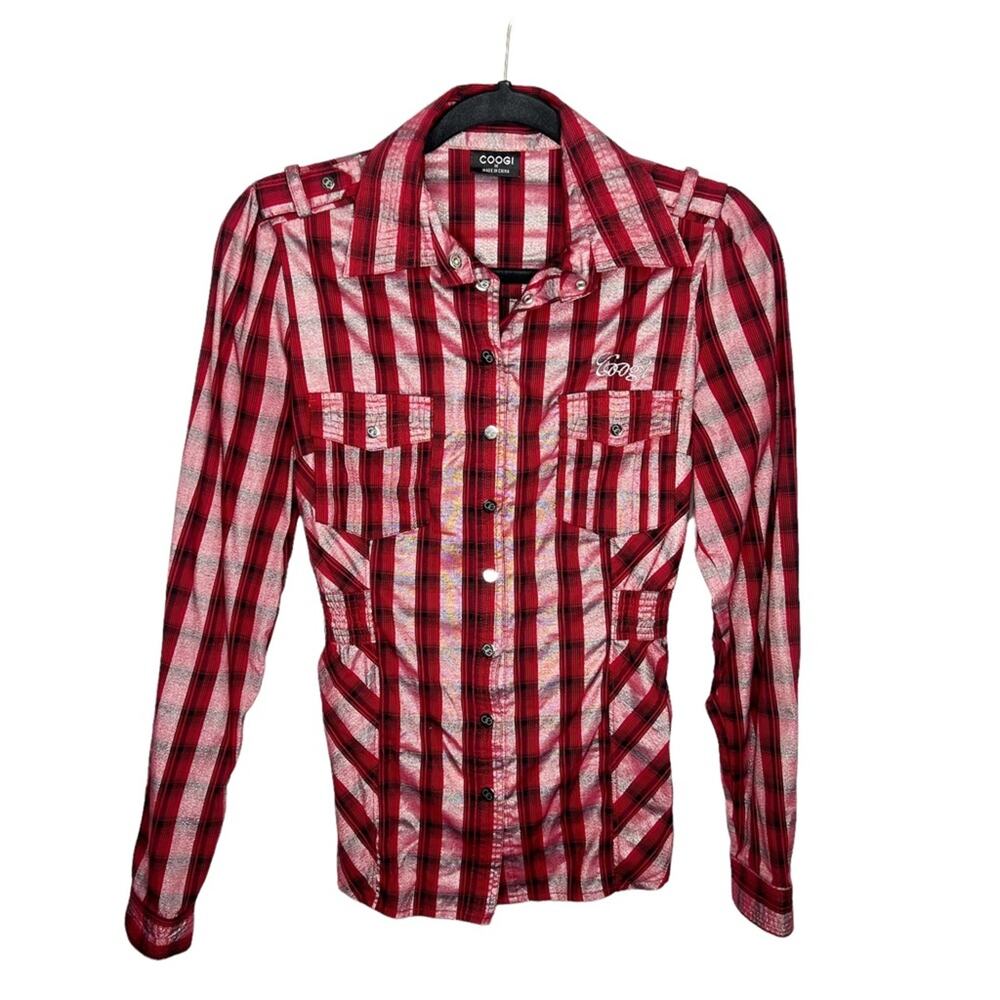 COOGI Women's Red and Black Plaid Button-Down Shirt
